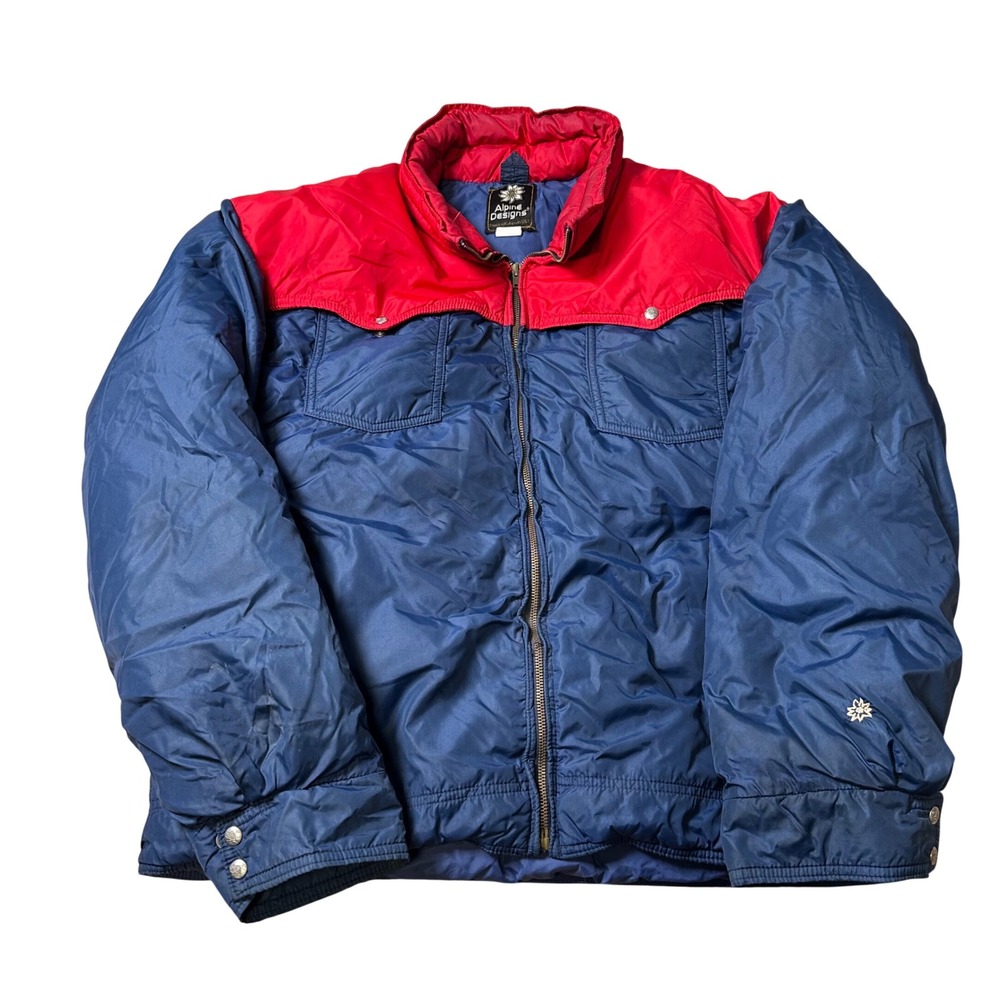 Vintage Alpine Designs Men Blue Red Western Yoke Down Puffer Jacket Boulder CO